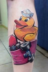 Смешна патка из цртаних филмова и сломљени узорак тетоважа у боји скејтборда