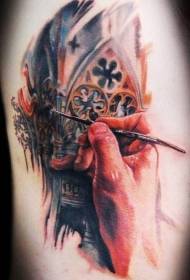 Arms watercolor style medieval church tattoo