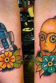 Máscara de oro pintada de ternero y patrón de tatuaje de flor de robot