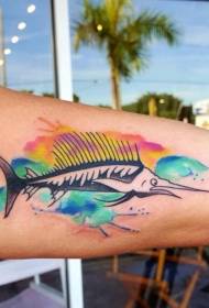 Вялікая рука смешнага мультфільма рыба-меч, маляўнічы малюнак татуіроўкі чарнілаў
