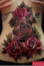 isang dog-style rose dog tattoo sa tiyan