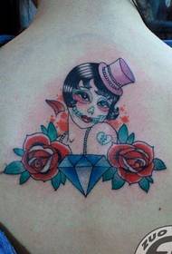 Girl back European kunye neAmerican rose rose tattoo tattoo