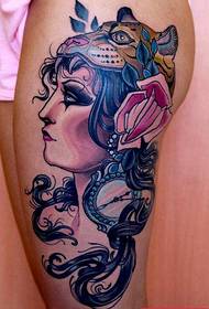 Consiglia un tatuaggio femminile in stile scuola sulla coscia