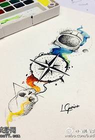 manuscript watercolor skull compass tattoo pattern