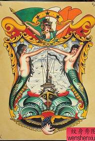 Un clásico popular dun manuscrito de tatuaxe de serea de barco de rodas completas