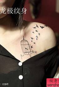 girl's shoulders small and popular bird and bird cage tattoo pattern