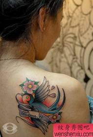 女孩背肩膀流行美麗小燕子紋身圖案