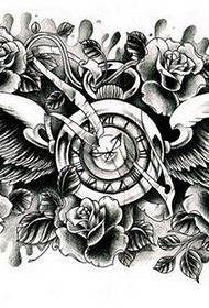 아름답게 인기있는 회중 시계 날개 장미 문신 패턴