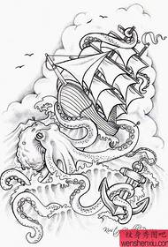 en klassisk populär bläckfisk och segling tatuering mönster
