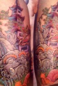 axelfärg japansk torn och helig djur tatuering bild