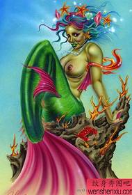caricatura patrón de tatuaje de sirena: sirena de mar de dibujos animados imaxe de patrón de tatuaje