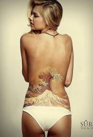 女性腰部写实的彩色大规模海浪纹身图案