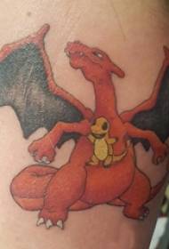 berniukų šlaunys nutapė paprastas linijas animacinių filmų „Pokemon“ ugnį alsuojančio drakono tatuiruotės paveikslėliai