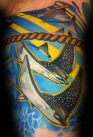 Färg havsbotten bläckfisk och rep tecknad tatuering mönster