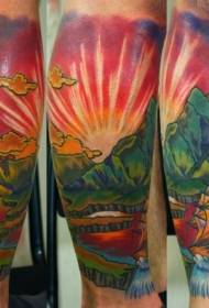 vitello bel colore bellissimo modello di tatuaggio di paesaggi di campagna