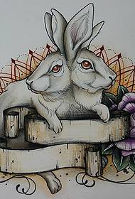 Radošs Double Head Rabbit Tattoo manuskripta attēls