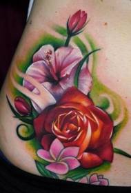 taille kleurrijke hibiscus en rose tattoo