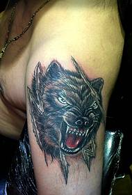 brațul mare arată ca un tatuaj cu cap de lup foarte fioros