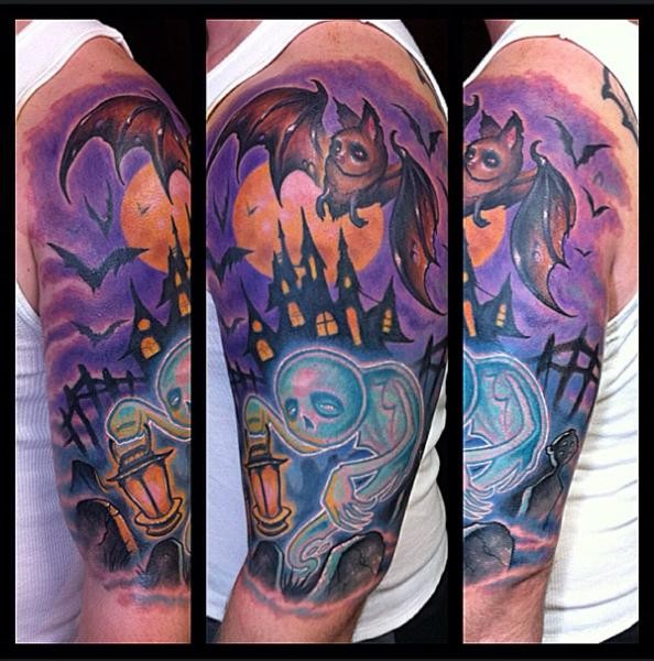 shoulder color Cartoon ghost with bat tattoo pattern.